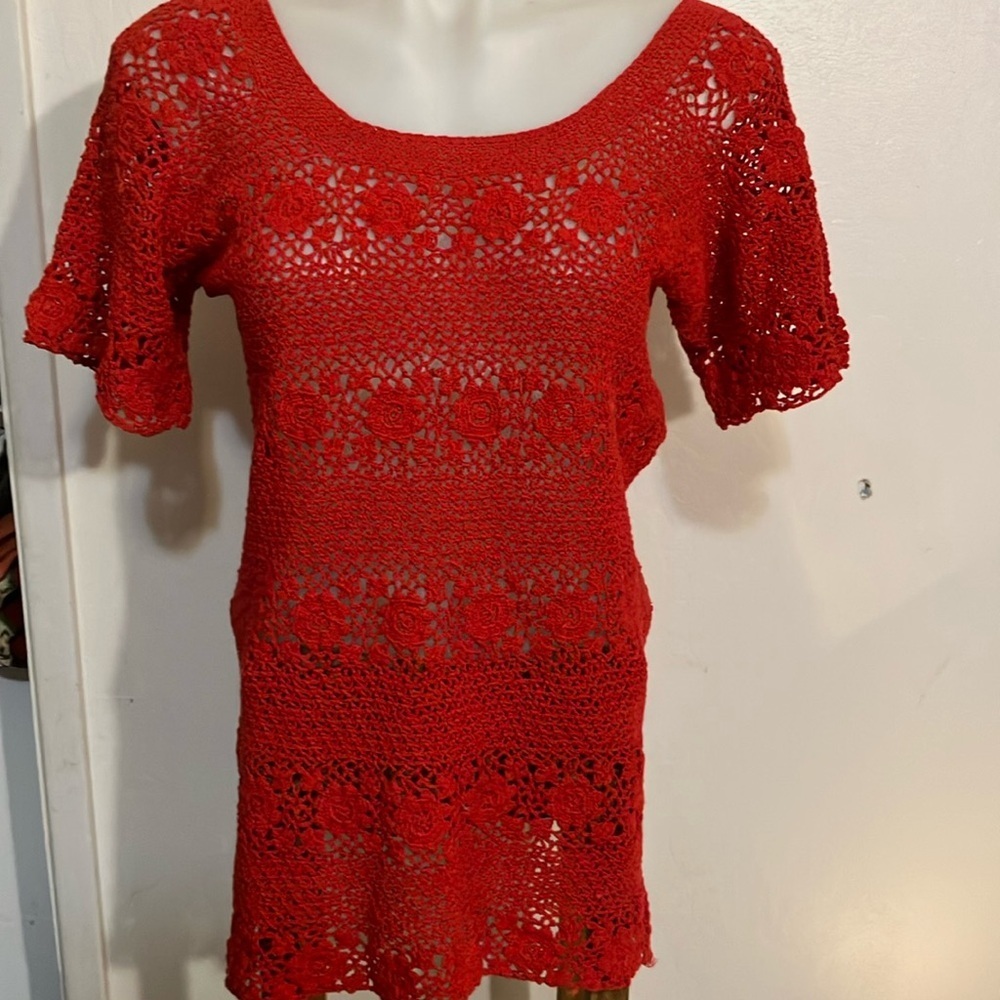 Handmade crochet short sleeve top tunic  M  36” bust scoop neck mini vintage
